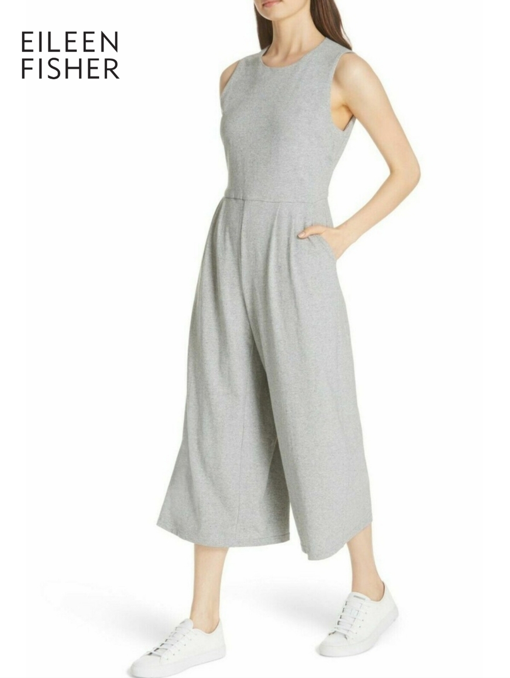 XS Eileen Fisher Speckled Organic Cotton Jumpsuit Moon Gray